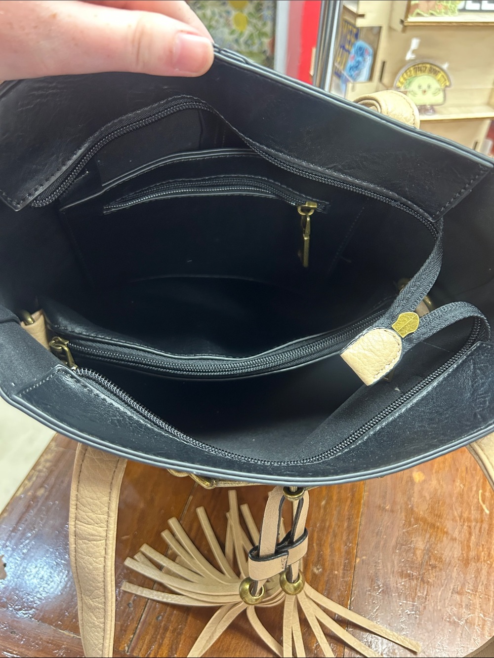 Liz Soto Black Shoulder 2 in 1 Tote with Tan Tassel Detail - Picture 3 of 7